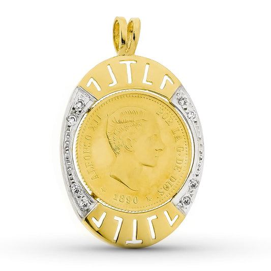Colgante Bicolor Moneda con Circonita 37 x 24 mm 18K