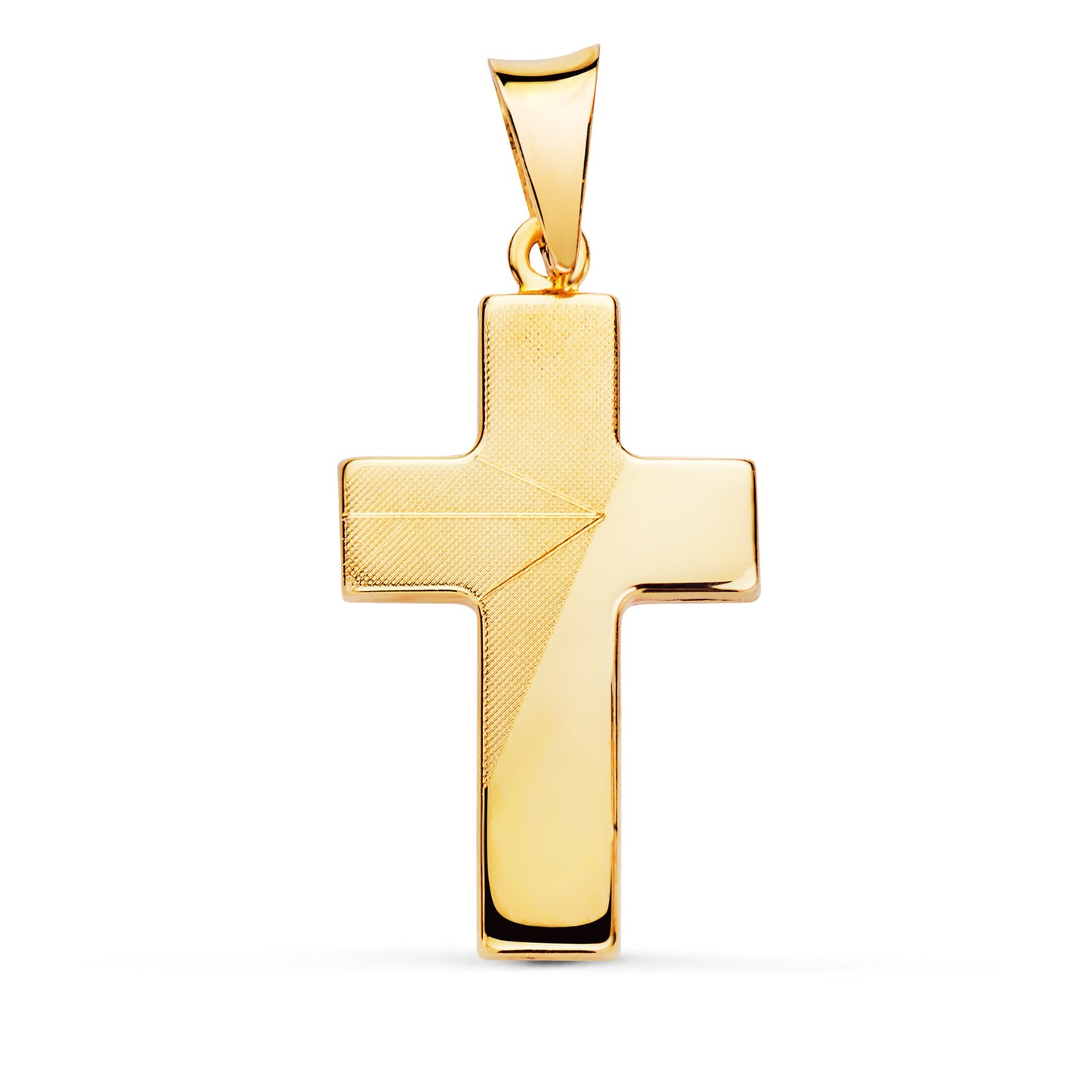18K CRUZ ORO AMARILLO HUECA MATE Y BRILLO. MEDIDA: 27 X 15 MM
