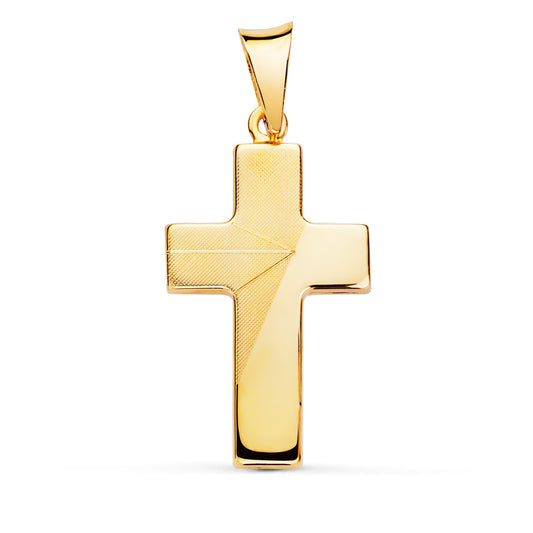 18K CRUZ ORO AMARILLO HUECA MATE Y BRILLO. MEDIDA: 27 X 15 MM