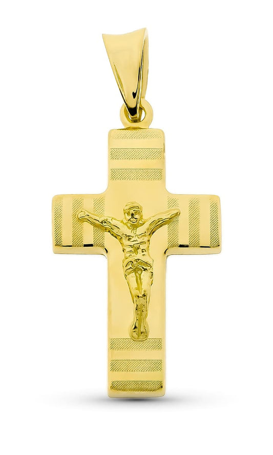 18K CRUZ ORO AMARILLO HUECA CON CRISTO MATE Y BRILLO 27X15 MM