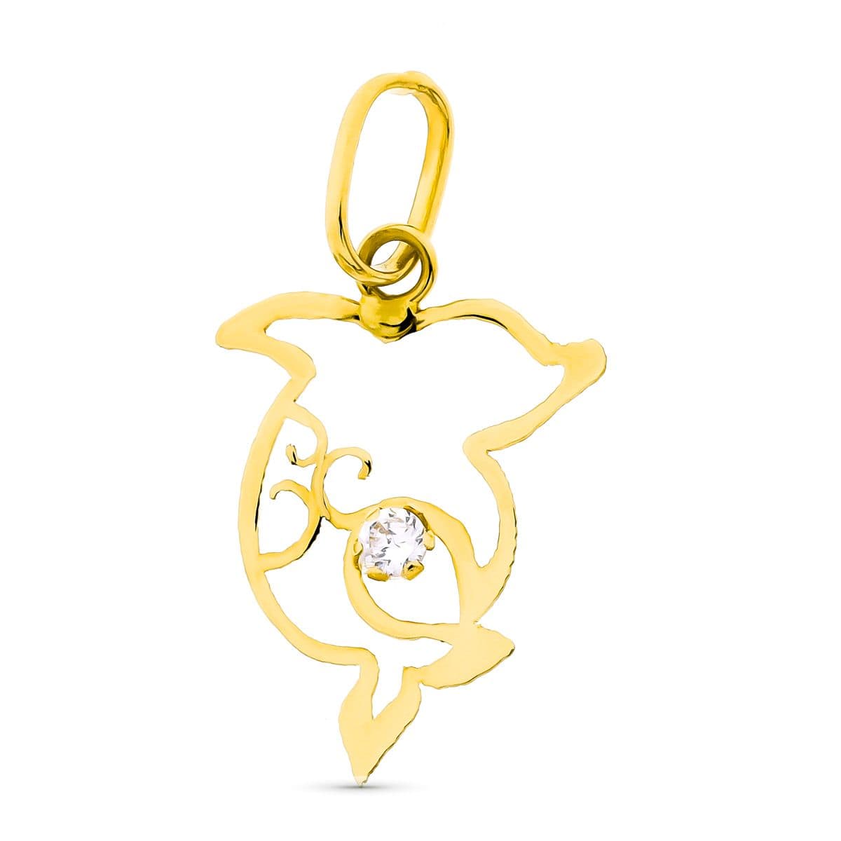 18K COLGANTE AMULETO ORO AMARILLO DELFIN CIRCONITA 16X10 MM