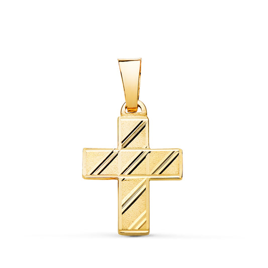 18K CRUZ ORO AMARILLO HUECA TALLADA. MEDIDA: 20X14 MM. PALO RECTANGULAR ALTO: 2,5 MM
