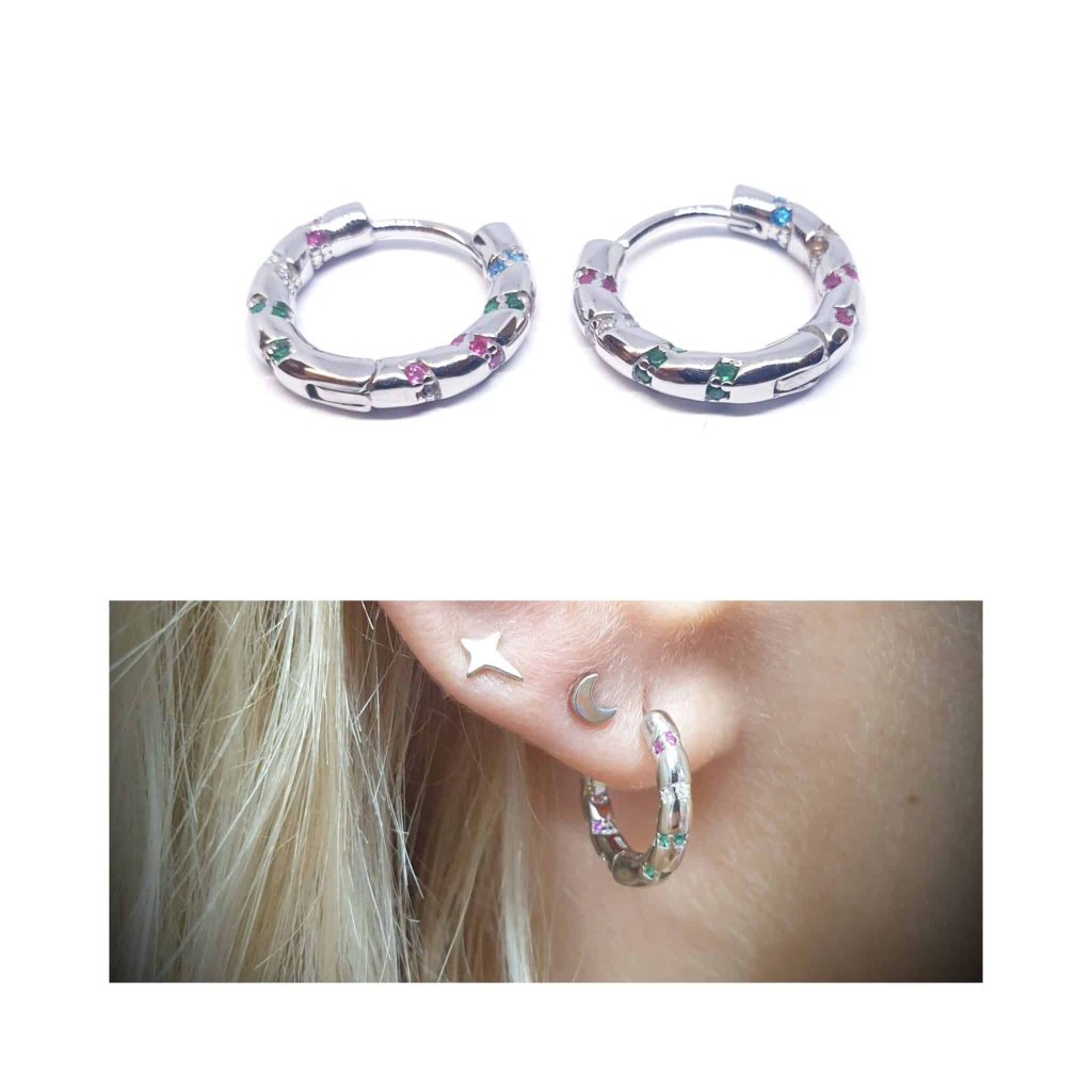 Pendiente aro espiral multicolor de plata de ley