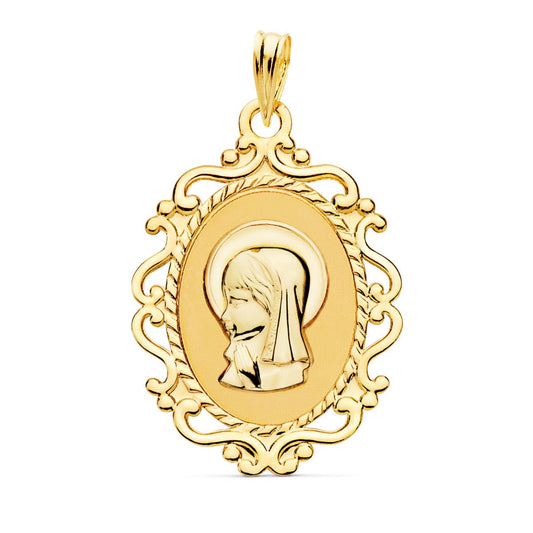 Medalla Virgen Niña Perfil Cerco Calado Brillo. 23 x 16 mm de oro amarillo 18K