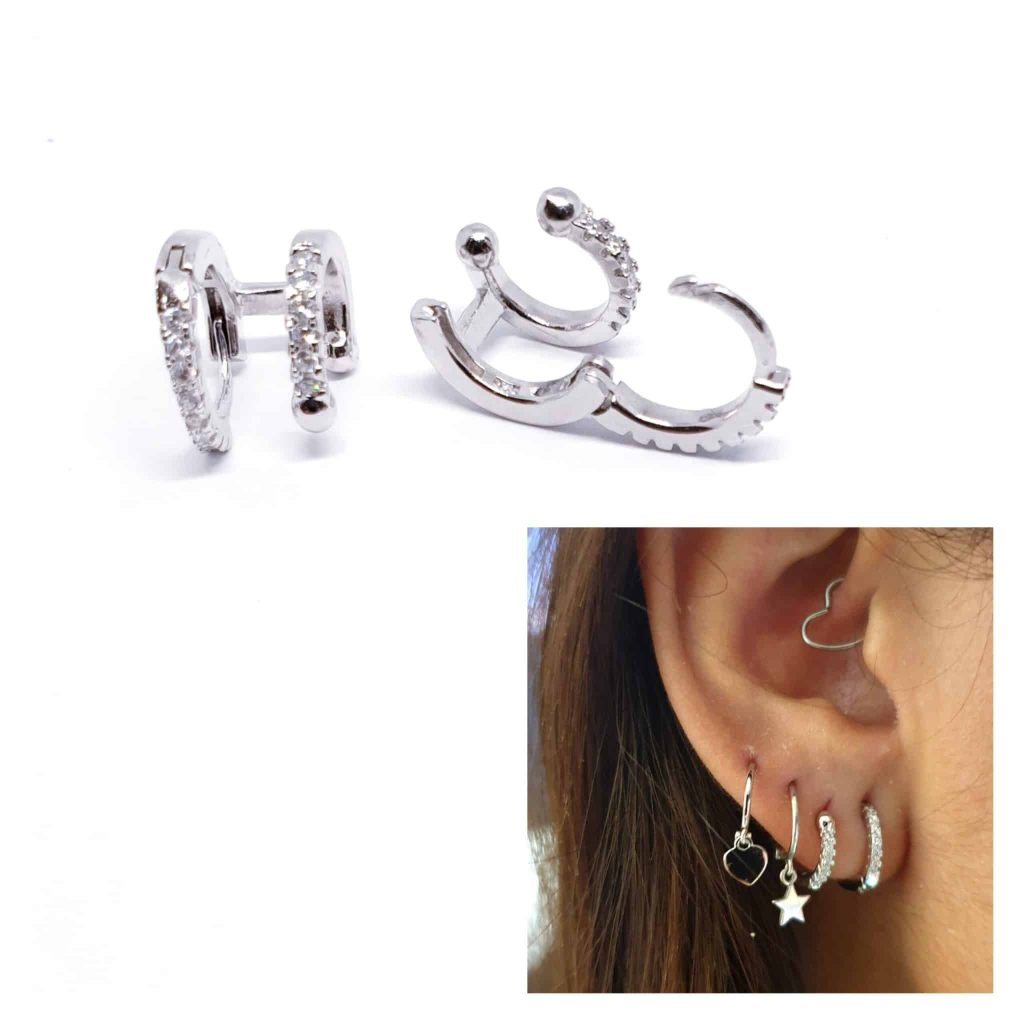 Pendiente doble aro de plata de ley