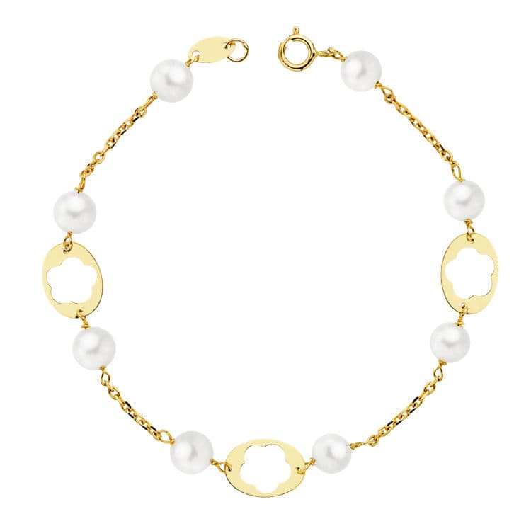 9K PULSERA ORO AMARILLO COMUNION PERLAS 5 MM Y MOTIVOS OVALES. LARGO: 17CM