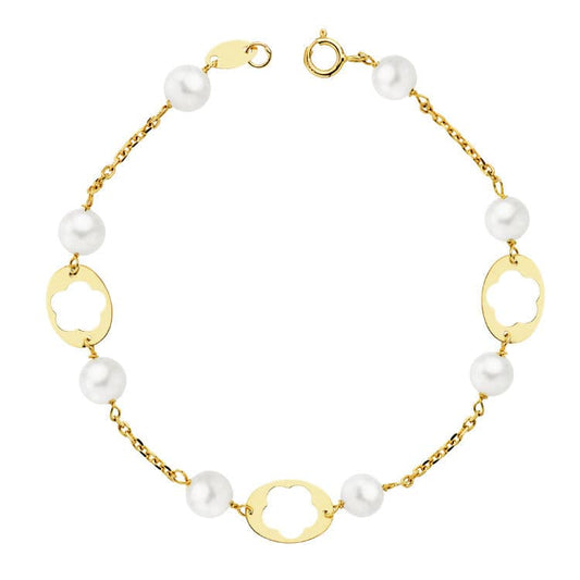 9K PULSERA ORO AMARILLO COMUNION PERLAS 5 MM Y MOTIVOS OVALES. LARGO: 17CM
