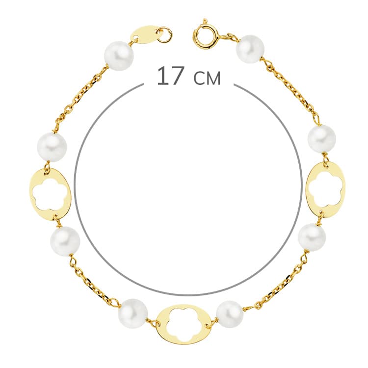9K PULSERA ORO AMARILLO COMUNION PERLAS 5 MM Y MOTIVOS OVALES. LARGO: 17CM