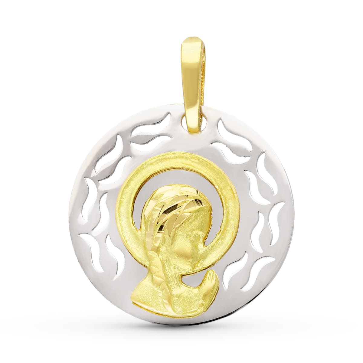 18K MEDALLA ORO AMARILLO ORO BICOLOR VIRGEN NIÑA 17 MM
