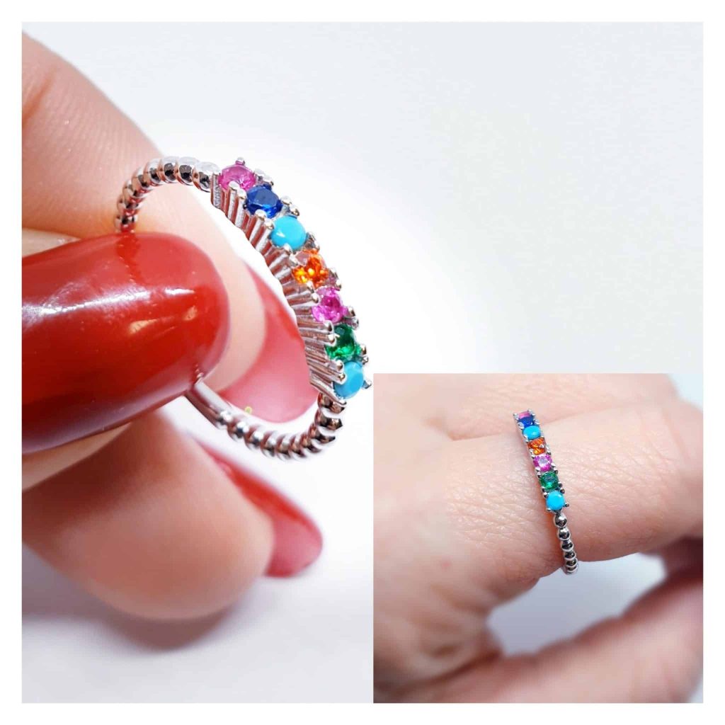 Anillo rainbow de plata de ley