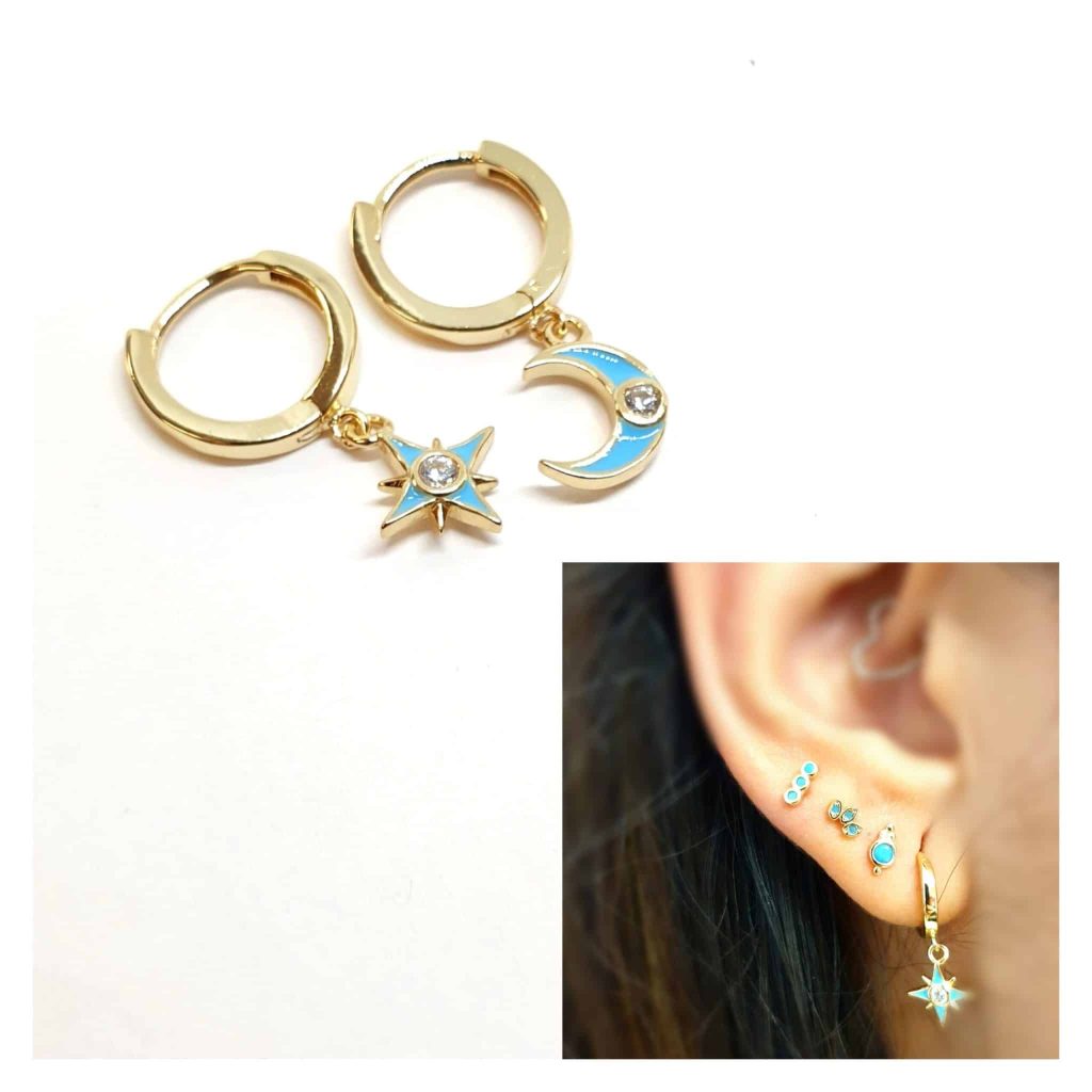 Pendientes universo azul oro de 14 quilates