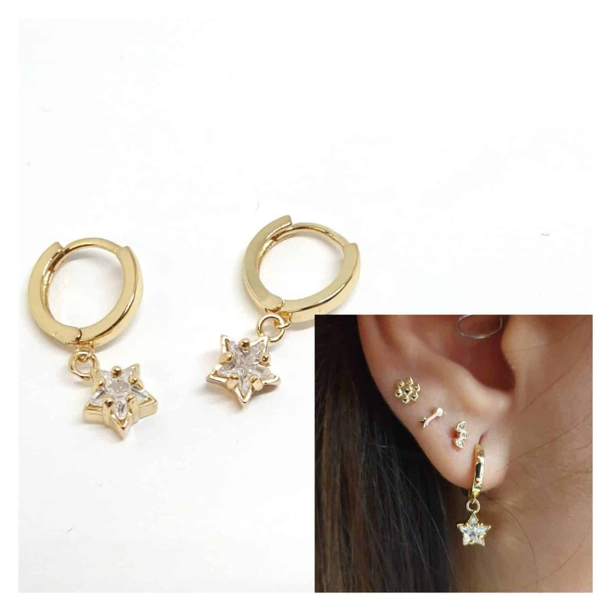 Pendientes basic stars de plata de ley con baño de oro de 14 quilates - vista adicional