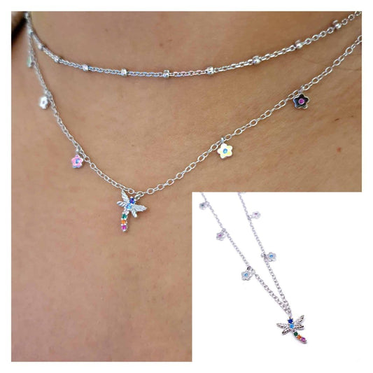 Collar libélula y florecitas de plata de ley - Joyería Zafir