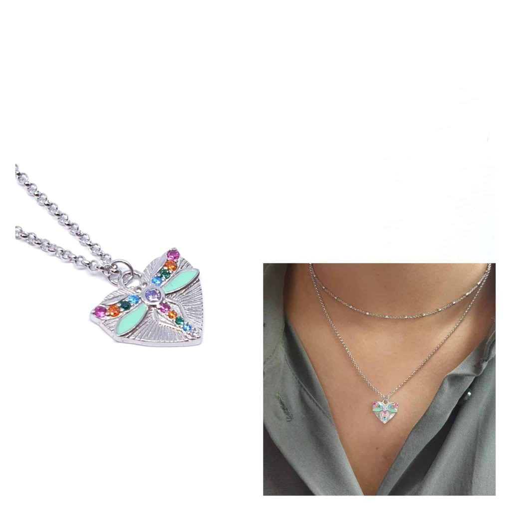 Collar libélula corazón de plata de ley