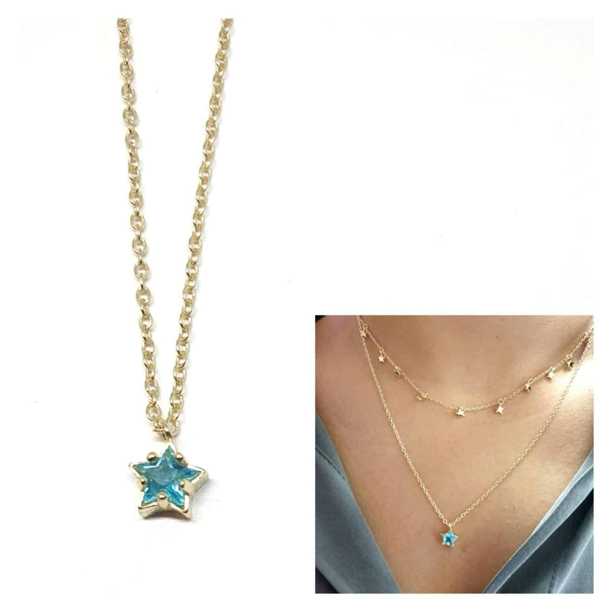 Collar estrella azul de plata de ley con baño de oro de 14 quilates - vista adicional