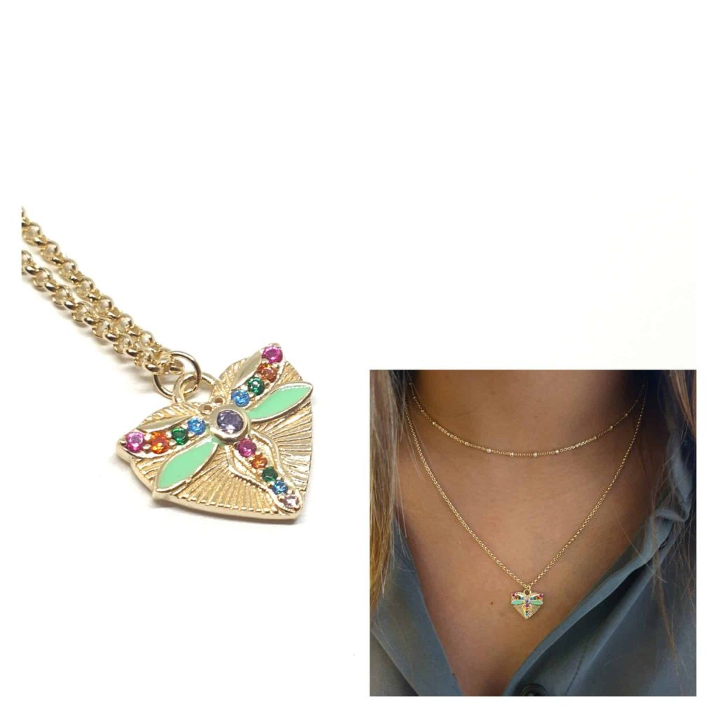 Collar libélula corazón oro de 14 quilates