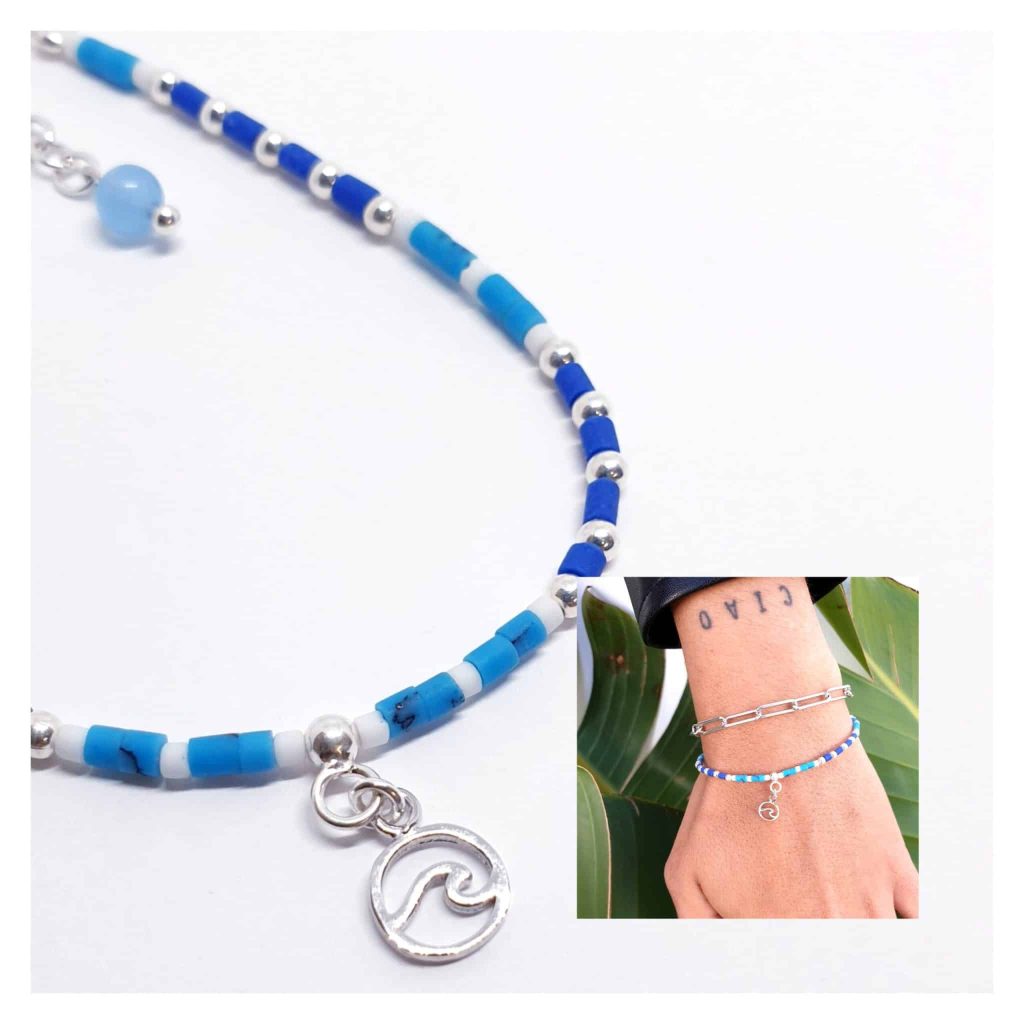 Pulsera ola azul de plata de ley