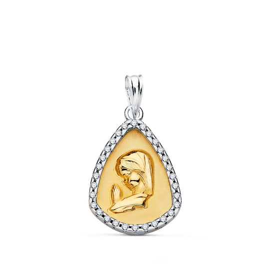 Colgante Bicolor Virgen Niña con Cerco y Circonita 18 x 14 mm 18K