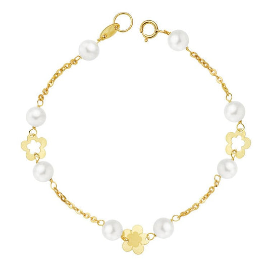 Pulsera Perla y Flores 17 cm de oro amarillo 18K