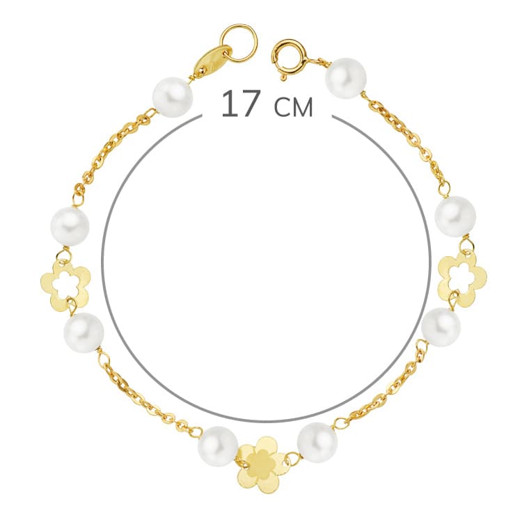 Pulsera Perla y Flores 17 cm de oro amarillo 18K