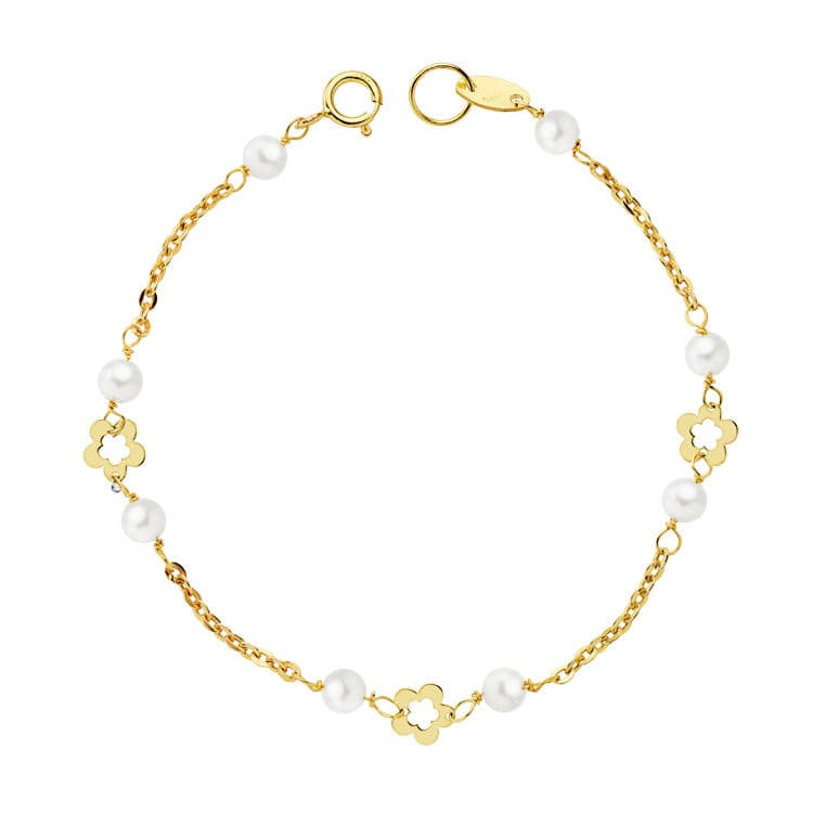 18K PULSERA ORO AMARILLO PERLAS 3.5 MM Y FLORES 15CM