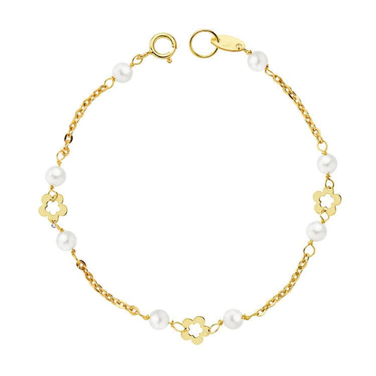 18K PULSERA ORO AMARILLO PERLAS 3,5 MM Y FLORES 12CM