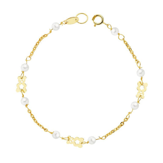 Pulsera Perlas y Oso S. 16,5 cm de oro amarillo 18K