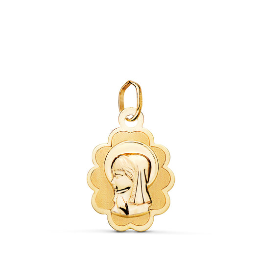 18K MEDALLA ORO AMARILLO VIRGEN NIÑA NUBE MATE Y BRILLO. MEDIDA: 18 X 12 MM