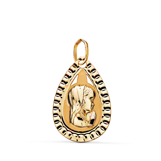 Medalla Virgen Niña Lagrima Tallada Mate y Brillo. Medida: 20 x 13 mm de oro amarillo 18K