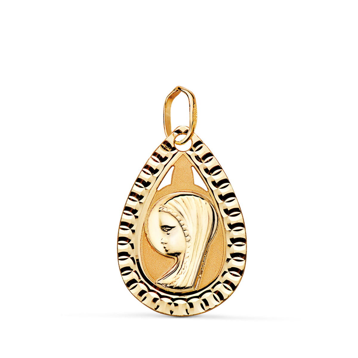 Medalla Virgen Niña Lagrima Tallada Mate y Brillo. Medida: 20 x 13 mm de oro amarillo 9K