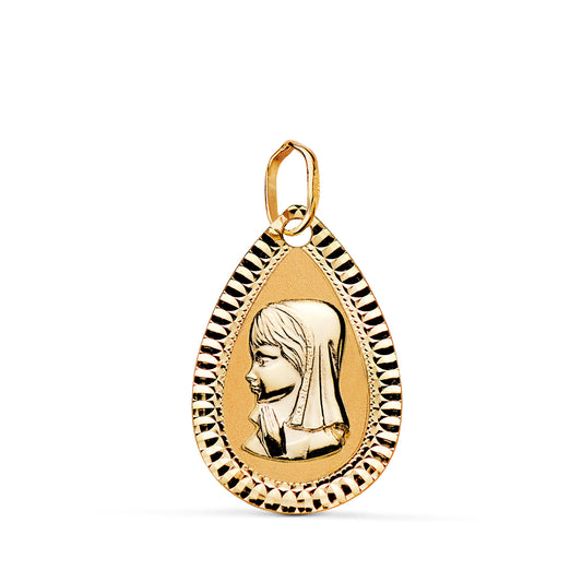 Medalla Virgen Niña Lagrima Tallada Mate y Brillo. Medida: 20 x 13 mm de oro amarillo 18K
