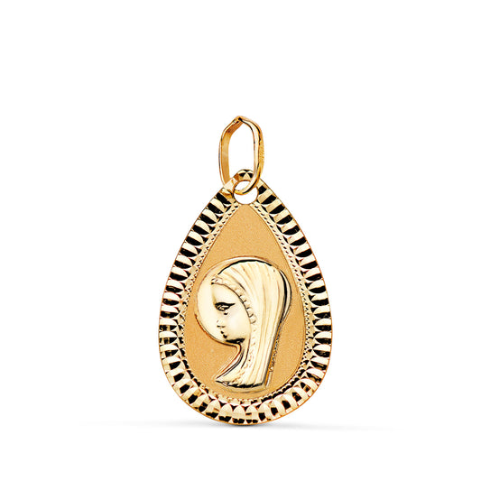 Medalla Virgen Niña Lagrima Tallada Mate y Brillo. Medida: 20 x 13 mm de oro amarillo 18K