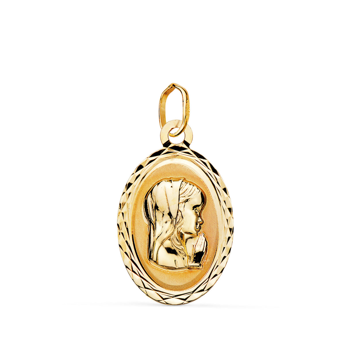 Medalla Virgen Niña Oval Tallada Mate y Brillo. Medida: 20 x 12 mm de oro amarillo 9K