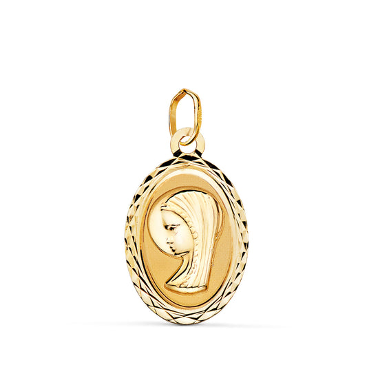 18K MEDALLA ORO AMARILLO VIRGEN NIÑA OVAL TALLADA MATE Y BRILLO. MEDIDA: 20 X 12 MM