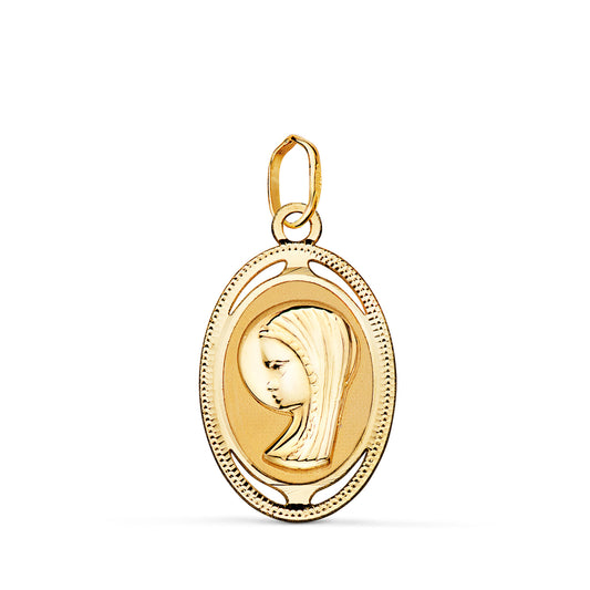 18K MEDALLA ORO AMARILLO OVAL VIRGEN NIÑA CON BORDE TALLADO Y CALADO 19X12 MM