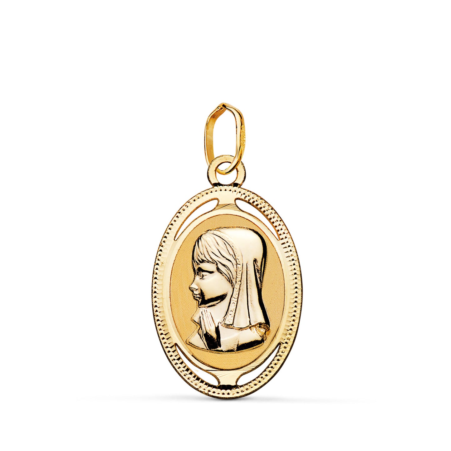 18K MEDALLA ORO AMARILLO OVAL VIRGEN NIÑA CON BORDE TALLADO Y CALADO 19X12 MM
