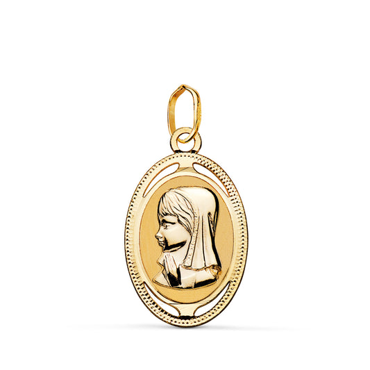 18K MEDALLA ORO AMARILLO OVAL VIRGEN NIÑA CON BORDE TALLADO Y CALADO 19X12 MM