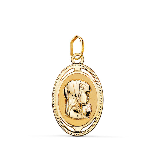 18K MEDALLA ORO AMARILLO OVAL VIRGEN NIÑA CON BORDE TALLADO Y CALADO 19X12 MM