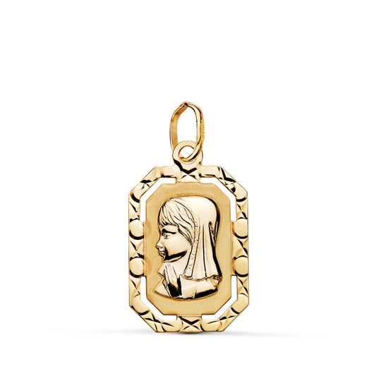 18K MEDALLA ORO AMARILLO VIRGEN NIÑA RECTANGULAR CALADA BORDE TALLADO. MEDIDA: 20 X 12 MM