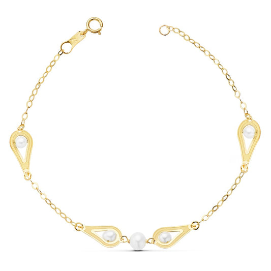 Pulsera Comunion Perlas y Motivos. 18 cm de oro amarillo 18K