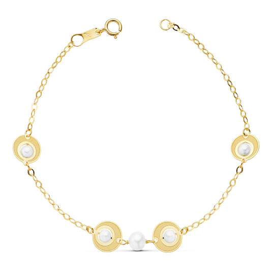 Pulsera Comunion Perlas y Motivos. 18 cm de oro amarillo 18K