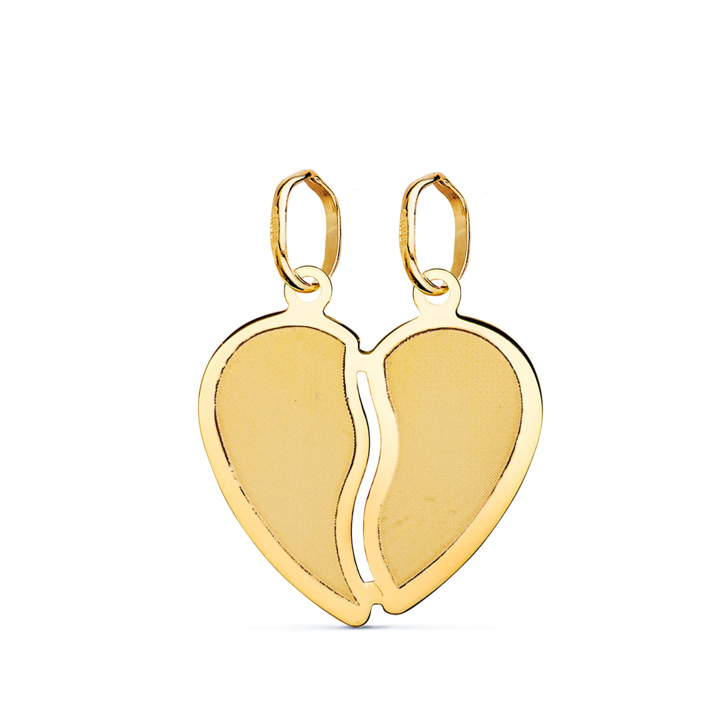 9K COLGANTE ORO AMARILLO CORAZON PARTIDO MATIZADO BORDES EN BRILLO. MEDIDA: 17 X 15 MM