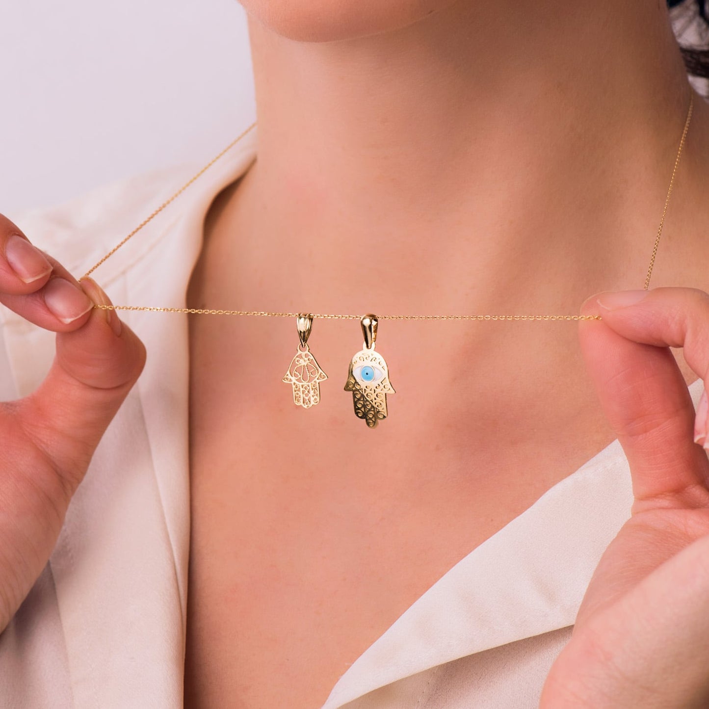 18K COLGANTE ORO AMARILLO MANO FATIMA Y OJO TURCO 19X13 MM