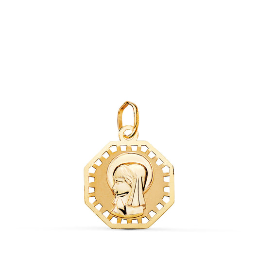 18K MEDALLA ORO AMARILLO VIRGEN NIÑA OCTOGONAL CALADA MATE Y BRILLO. MEDIDA: 17 X 15 MM