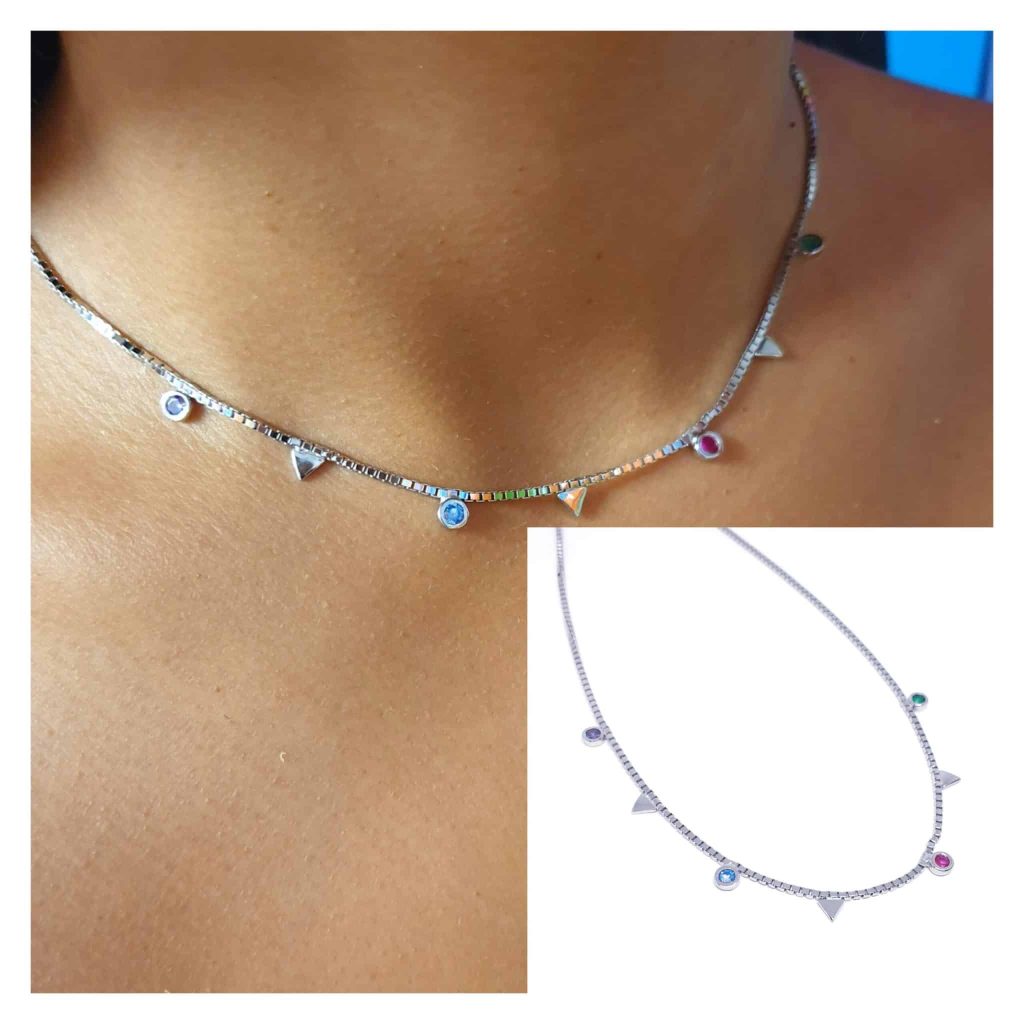 Collar triángulos y piedras de plata de ley
