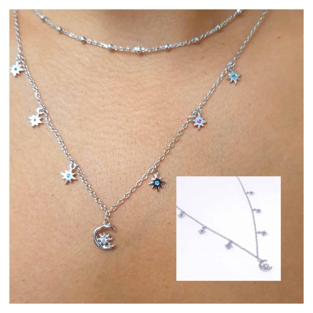 Collar luna y estrellas polares de colores de plata de ley