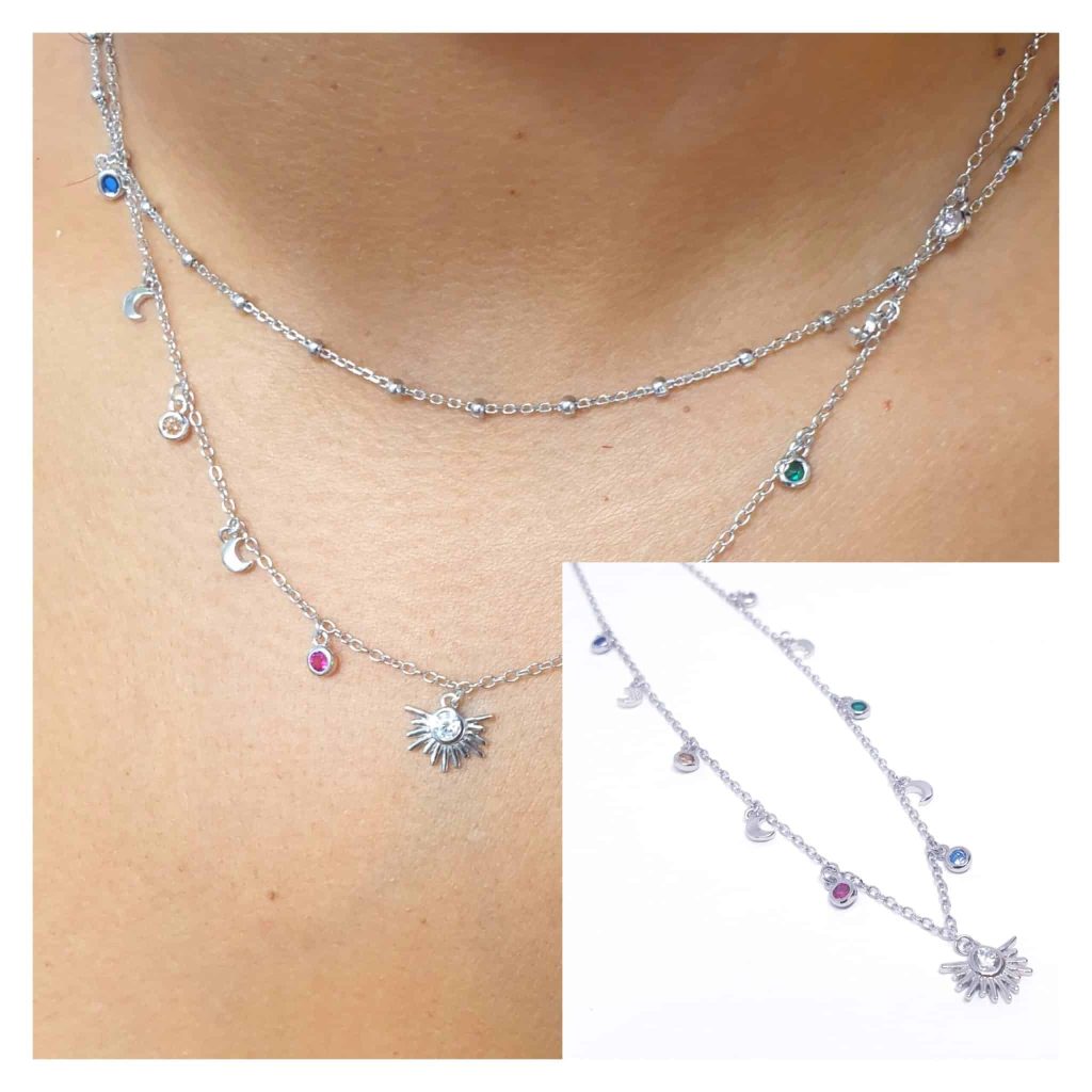 Collar sol naciente multicolor de plata de ley