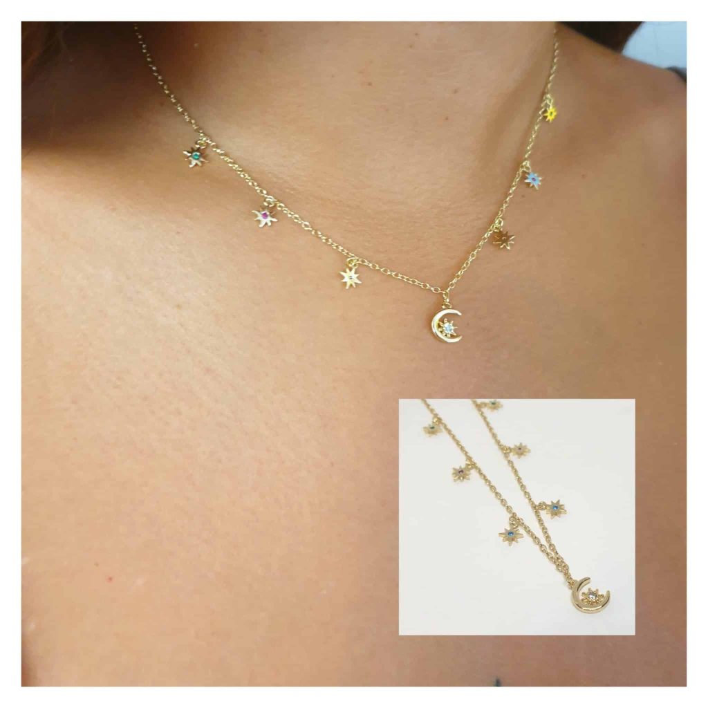 Collar luna y estrellas polares oro de 14 quilates