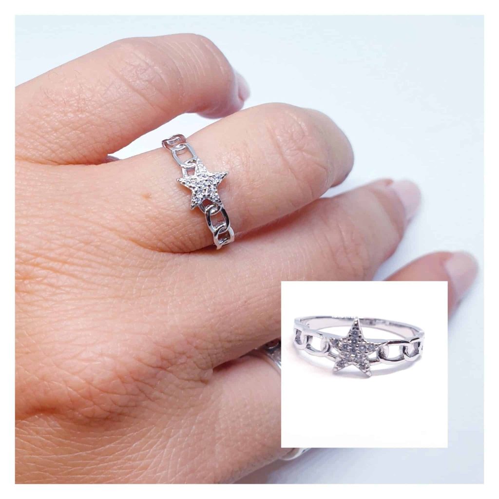 Anillo eslabón estrella de plata de ley