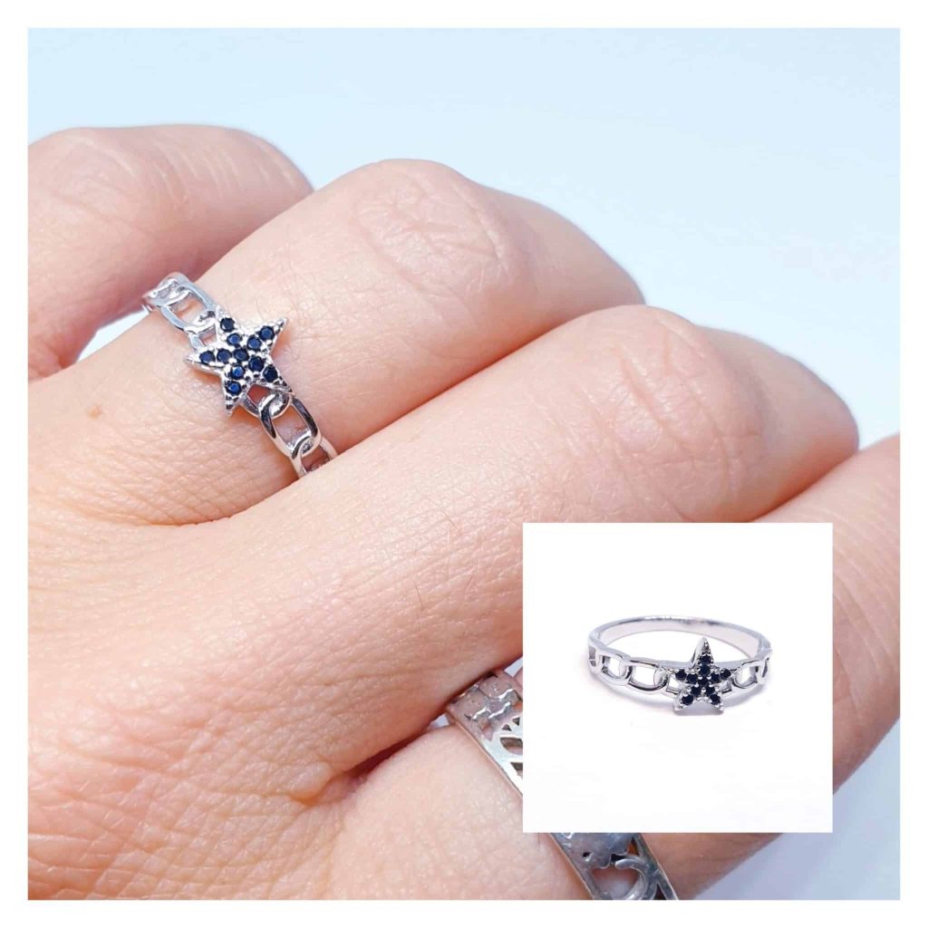 Anillo eslabón estrella negra de plata de ley